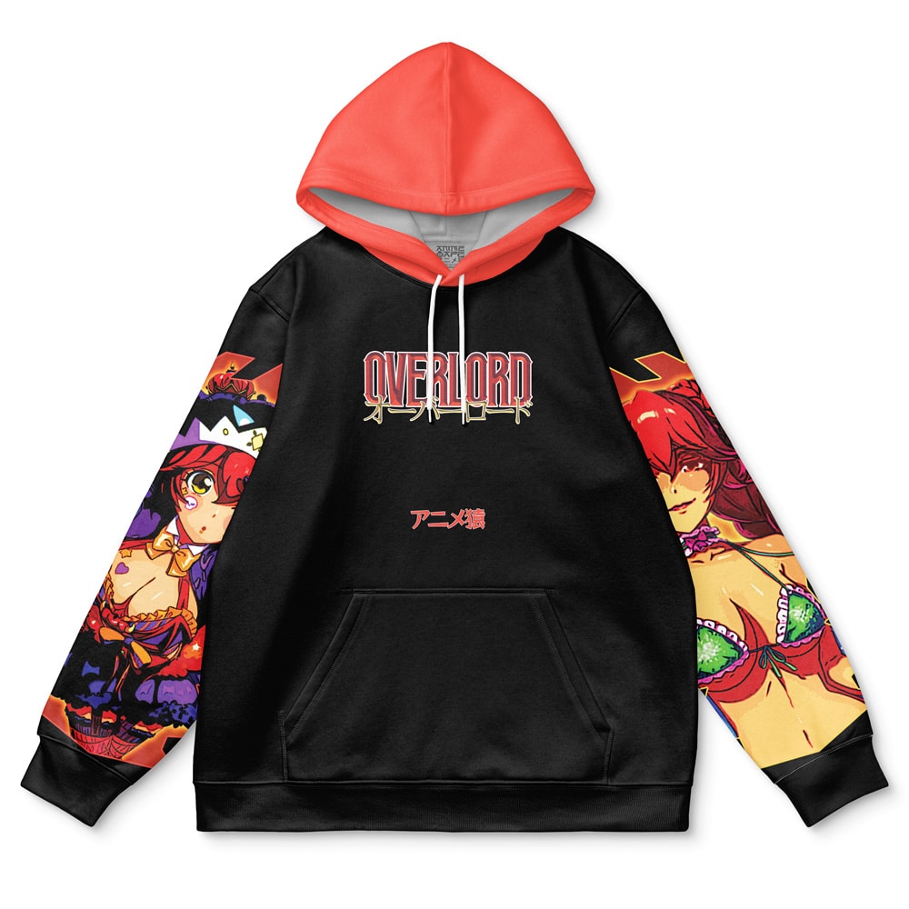The Entoma Vasilissa Zeta Pleiades Overlord Streetwear Hoodie is a black hoodie with a red hood, anime characters on the sleeves, "Overlord" in stylized text on the chest, and Japanese writing below.