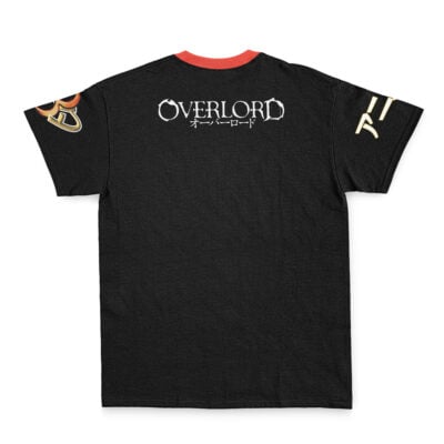 The Yuri Alpha Pleiades Overlord Streetwear T-Shirt features OVERLORD with Japanese text on the upper back. Gold and red designs decorate the sleeves; the right sports a stylized mask, and the left has gold Japanese-style text.