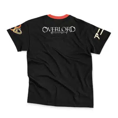 The Yuri Alpha Pleiades Overlord Streetwear T-Shirt features a black back view with "OVERLORD" and Japanese characters in white, gold and red sleeve designs, and a contrasting red collar.