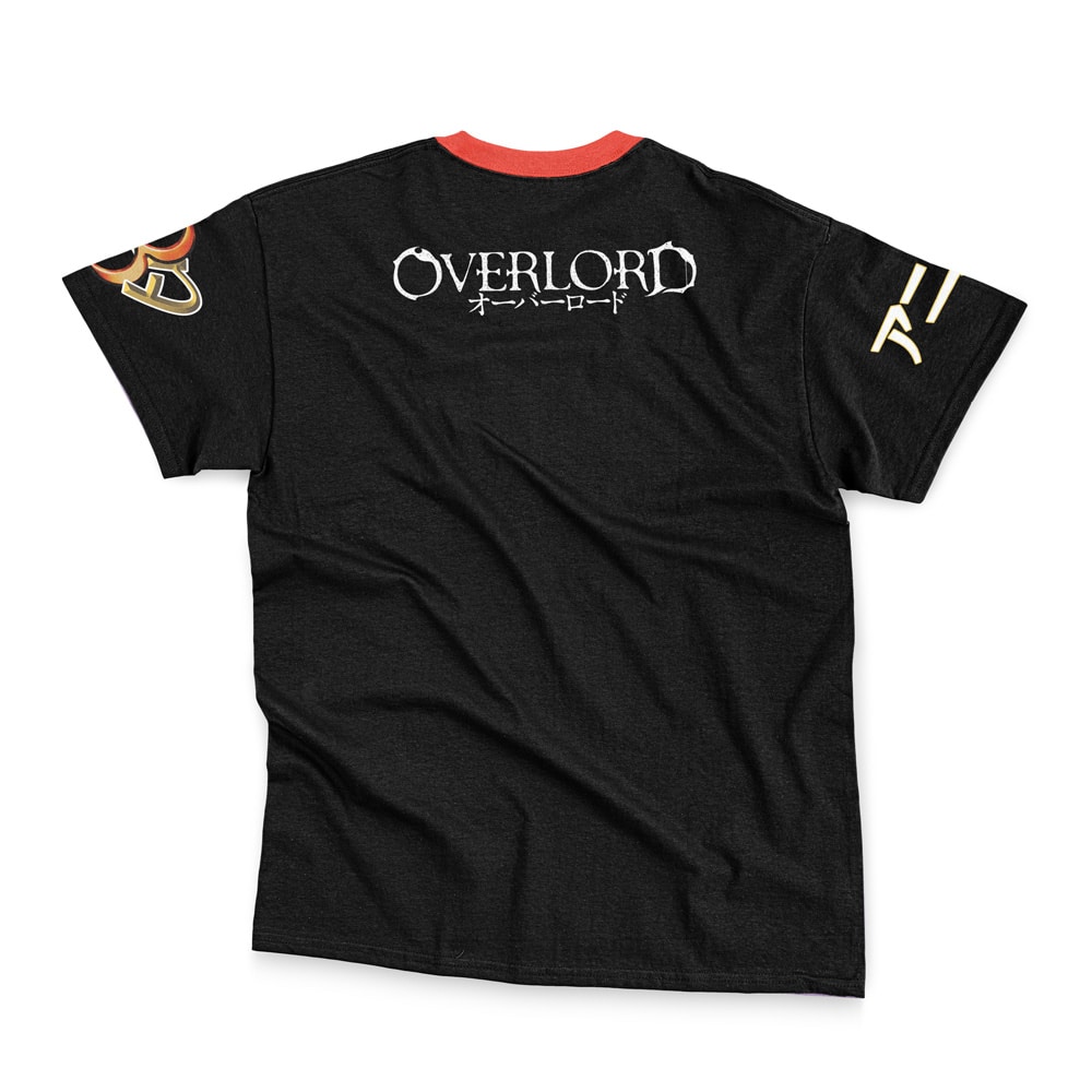 The Yuri Alpha Pleiades Overlord Streetwear T-Shirt features a black back view with "OVERLORD" and Japanese characters in white, gold and red sleeve designs, and a contrasting red collar.