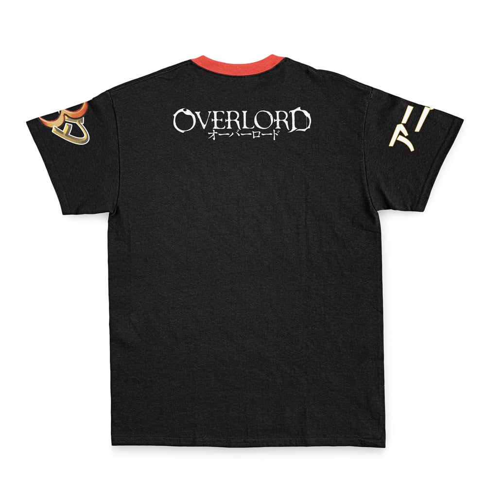 The Yuri Alpha Pleiades Overlord Streetwear T-Shirt features OVERLORD with Japanese text on the upper back. Gold and red designs decorate the sleeves; the right sports a stylized mask, and the left has gold Japanese-style text.