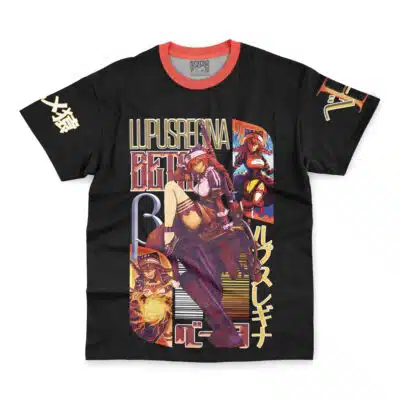 Yuri Alpha Pleiades Overlord Streetwear T-Shirt: Black tee with red collar, colorful anime characters, Japanese text on sleeves, bold LUPUSREX graphic, and stylish lettering on the front.