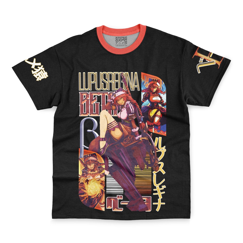 Yuri Alpha Pleiades Overlord Streetwear T-Shirt: Black tee with red collar, colorful anime characters, Japanese text on sleeves, bold LUPUSREX graphic, and stylish lettering on the front.