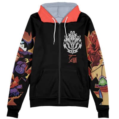 The Entoma Vasilissa Zeta Pleiades Overlord Streetwear Zip Hoodie Jacket features a black zip-up design with a red hood, white drawstrings, bold anime-style sleeve art, and a stylized white chest graphic with Japanese text.
