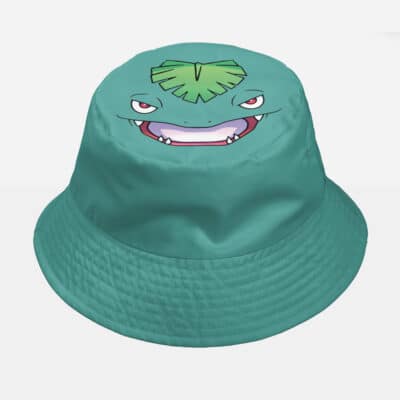 An orange bucket hat featuring a cartoon face with blue eyes, sharp teeth, and a fiery tail on its forehead, inspired by the Charmander x Charizard Evolution Pokemon Custom Bucket Hat.