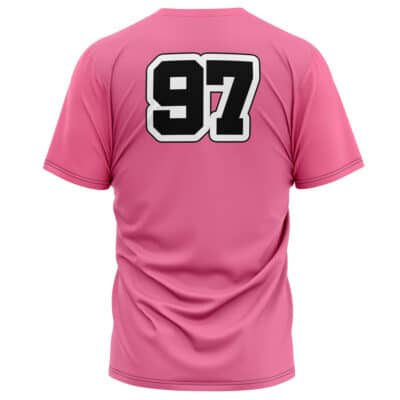 The Outback Cosplay GI Joe T-Shirt (Copy) is a pink short-sleeved jersey, seen from the back, featuring a large black number 97 outlined in white on the upper back.