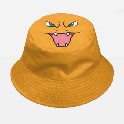 The Konohat Defector Shippuden Custom Bucket Hat is yellow and features a cartoon face with blue eyes, arched brows, an open mouth, and sharp teeth on the front.