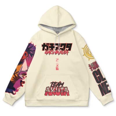 The Zanka Nijiku Gachiakuta Streetwear Hoodie is a cream hoodie with bold Japanese text, anime-style art on the right sleeve, graphics on both sleeves, and "TEAM AKUTA" in red on the front pocket.