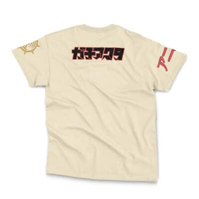 The Zanka Nijiku Gachiakuta Streetwear T-Shirt features bold black and red Japanese text on the back, a gold sun design on the left sleeve, and pink stylized symbols on the right sleeve.