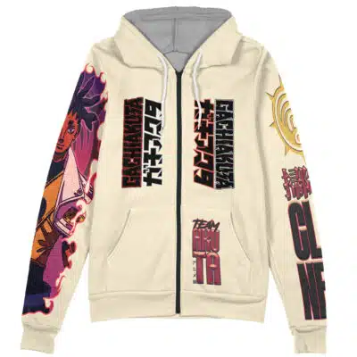 The Zanka Nijiku Gachiakuta Streetwear Zip Hoodie Jacket features a cream color, anime-inspired graphics on both sleeves, Japanese text on the front, and bold red, black, and gold accents for a striking look.