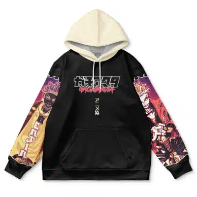 The Rudo Surebrec V2 Gachiakuta Streetwear Hoodie (Copy) is a black hoodie with a cream hood, bold chest graphics, Japanese text, and vibrant anime-style art of a purple and red-haired character on the sleeves.