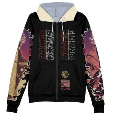 The Rudo Surebrec V2 Gachiakuta Streetwear Zip Hoodie Jacket is a black zip-up hoodie with bold Japanese text on the front, anime character art on the sleeves and sides, a light beige hood with gray lining, and white drawstrings.