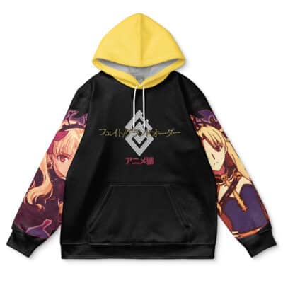 The Ishtar Fate Grand Order Streetwear Hoodie features a yellow hood, black body with vibrant anime-style character art, Japanese logo on the chest, and character designs on the sleeves.