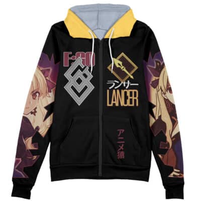 The Ishtar Fate Grand Order Streetwear Zip Hoodie Jacket (Copy) is a black zip-up hoodie with yellow hood lining, anime-style female characters, geometric symbols, and "FGO," "LANCER," plus Japanese text on the sleeves and front.