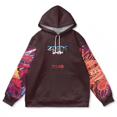 The Ereshkigal Lancer Fate Grand Order Streetwear Hoodie features colorful robotic sleeve designs, with ZOIDS and Japanese text on the front; the left sleeve shows a red mechanical creature, and the right displays gears and machinery.
