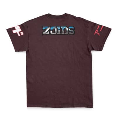 The Ereshkigal Lancer Grand Order Streetwear T-Shirt features a dark brown design with "ZOIDS" in a metallic, futuristic font on the upper back and bold pink and white graphics on both sleeves.