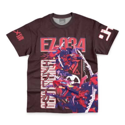 The Ereshkigal Lancer Grand Order Streetwear T-Shirt features bold red EZ-034 text, Japanese characters, and a striking red and purple robotic dinosaur graphic across the front and sleeves.