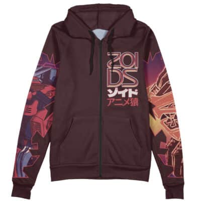 The Ereshkigal Lancer Fate Grand Order Streetwear Zip Hoodie Jacket features a maroon zip-up design with vibrant anime-style robots on the sleeves, Japanese text and ZOIDS on the front, plus a black drawstring and zipper.