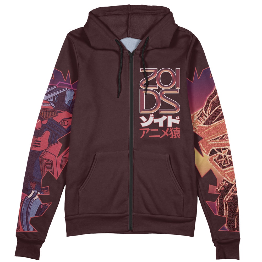 The Ereshkigal Lancer Fate Grand Order Streetwear Zip Hoodie Jacket features a maroon zip-up design with vibrant anime-style robots on the sleeves, Japanese text and ZOIDS on the front, plus a black drawstring and zipper.