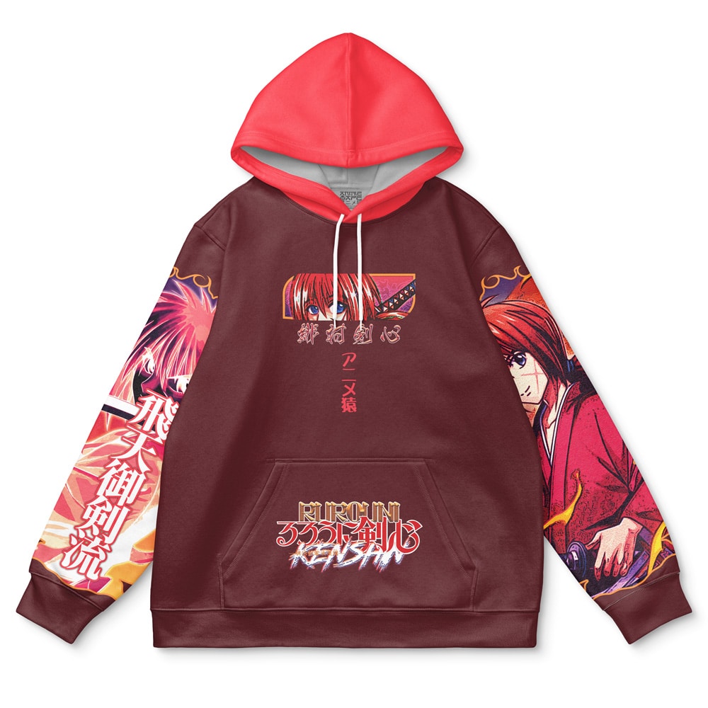 The Privaty Nikke Streetwear Hoodie (Copy) is a maroon and red hoodie with anime-style art of a red-haired character on the sleeves and front, plus Japanese text and "Rurouni Kenshin" on the chest and pocket.