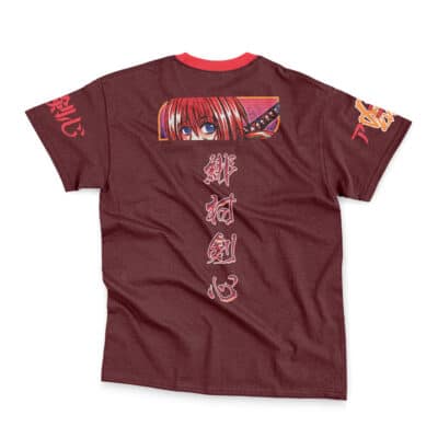 The Ishtar Fate Grand Order Streetwear T-Shirt features a maroon color with anime-style red-haired character’s eyes and sword on the back, vertical Japanese kanji text, and Japanese characters printed on both sleeves.