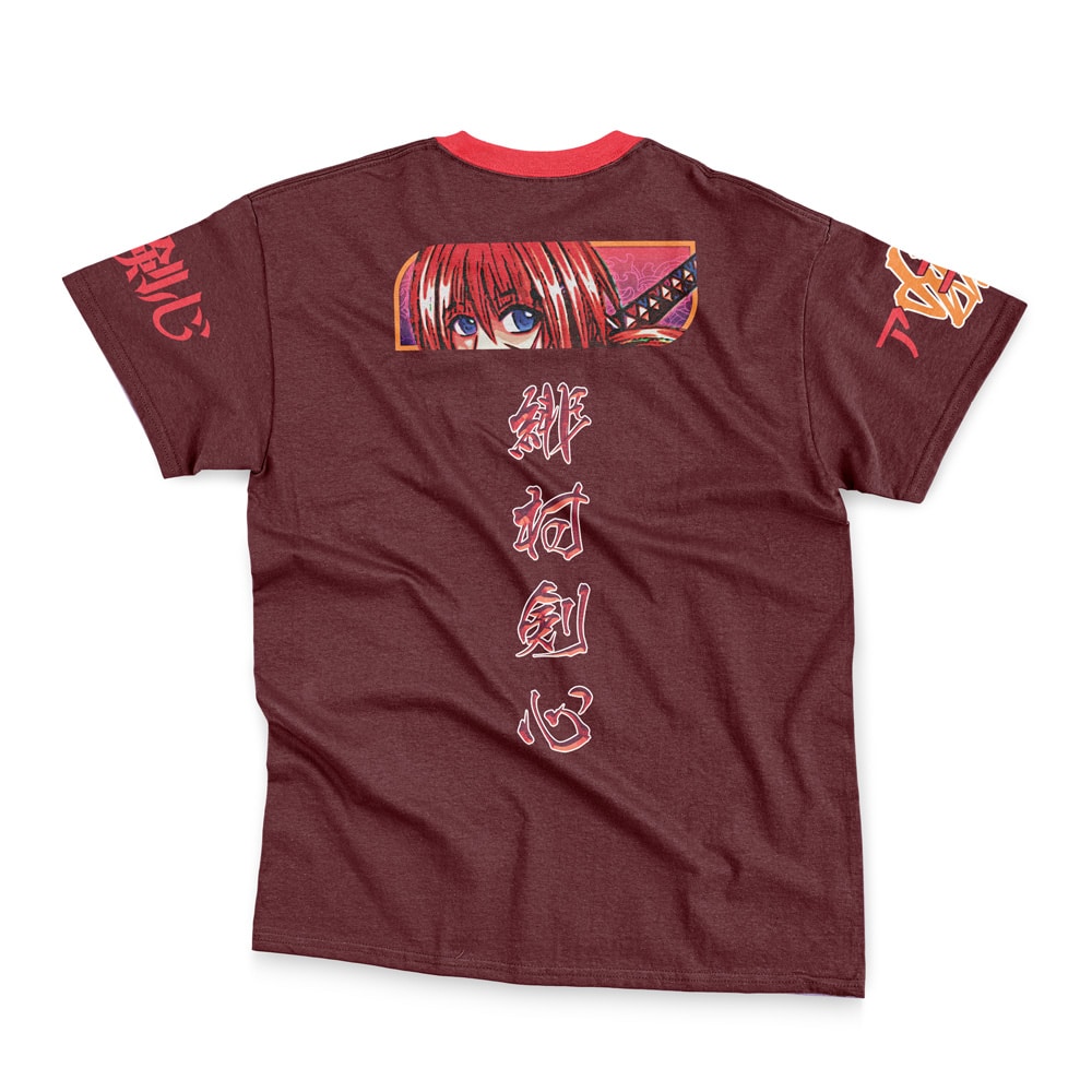 The Ishtar Fate Grand Order Streetwear T-Shirt features a maroon color with anime-style red-haired character’s eyes and sword on the back, vertical Japanese kanji text, and Japanese characters printed on both sleeves.