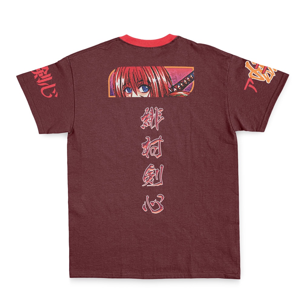 The Ishtar Fate Grand Order Streetwear T-Shirt (Copy) is a maroon tee with a red collar, anime character's eyes and sword on the back, Japanese kanji text below, and yellow-red kanji designs on both sleeves.