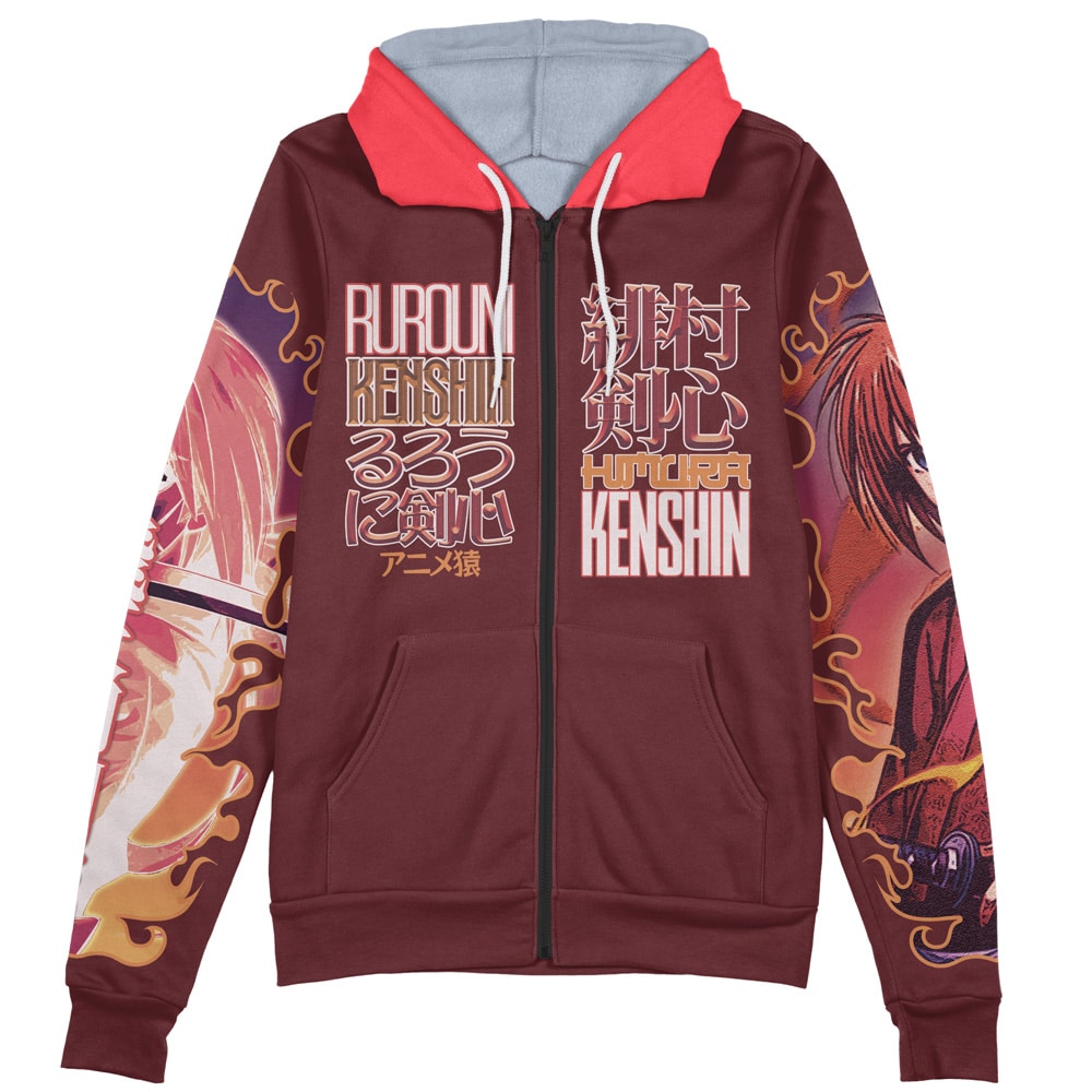 The Privaty Nikke Streetwear Zip Hoodie Jacket is a maroon zip-up featuring colorful anime artwork, English and Japanese text inspired by Rurouni Kenshin, character illustrations on the sleeves and front, plus a red hood with light blue lining.