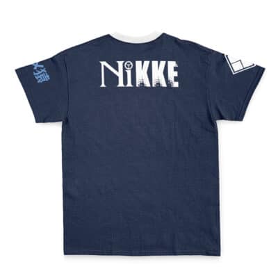Lupusregina Beta Pleiades Overlord Streetwear T-Shirt (Copy) in navy blue features "NIKKE" in bold white on the back, white icons on the right sleeve, and light blue Japanese text on the left sleeve.