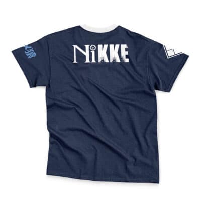 Lupusregina Beta Pleiades Overlord Streetwear T-Shirt: Navy blue tee featuring white NIKKE text and symbol on the back, Japanese characters on the left sleeve, and a geometric pattern on the right sleeve.