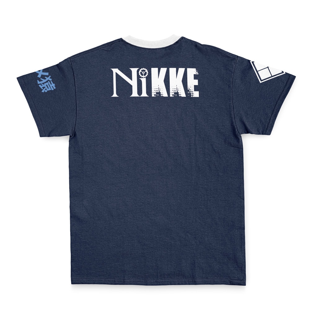 Lupusregina Beta Pleiades Overlord Streetwear T-Shirt (Copy) in navy blue features "NIKKE" in bold white on the back, white icons on the right sleeve, and light blue Japanese text on the left sleeve.
