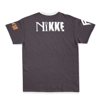 The Marian Nikke Streetwear T-Shirt (Copy) is dark gray with large white NIKKE lettering and a white symbol on the back, plus white and orange text graphics on the sleeves.
