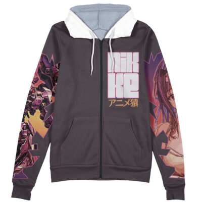 The Marian Nikke Streetwear Zip Hoodie Jacket features striking anime artwork on the sleeves, a partial character face on the right front, and large pink-and-white text with Japanese characters on the left chest.