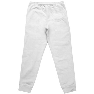 The Modernia Nikke Streetwear Sweatpants (Copy) are plain white sweatpants, shown from the back, featuring an elastic waistband and fitted ankle cuffs.
