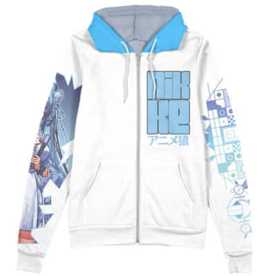 The Modernia Nikke Streetwear Zip Hoodie Jacket is a white zip-up hoodie with blue accents, anime-style art on the left sleeve, geometric blue designs on the right sleeve, and "NIKKE" with Japanese text printed on the chest.
