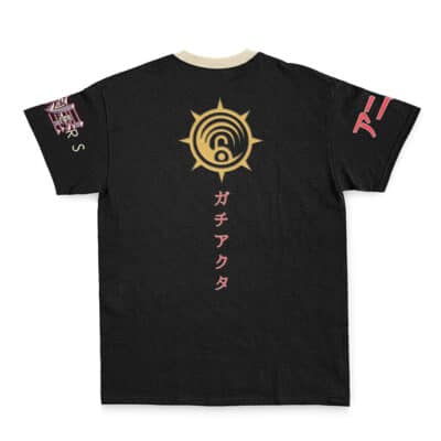 The Enjin Gachiakuta Streetwear T-Shirt features a black body with a beige collar, bold gold symbol and vertical Japanese text on the back, pink sleeve accents, and "MAKERS" lettering on the left arm.