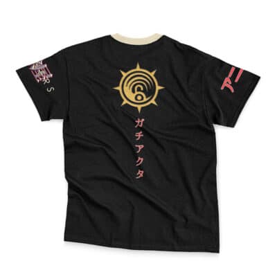 The Enjin Gachiakuta Streetwear T-Shirt (Copy) features a black base, golden sun-like symbol with curved lines and Japanese text on the back, pink sleeve accents, and a light beige collar.