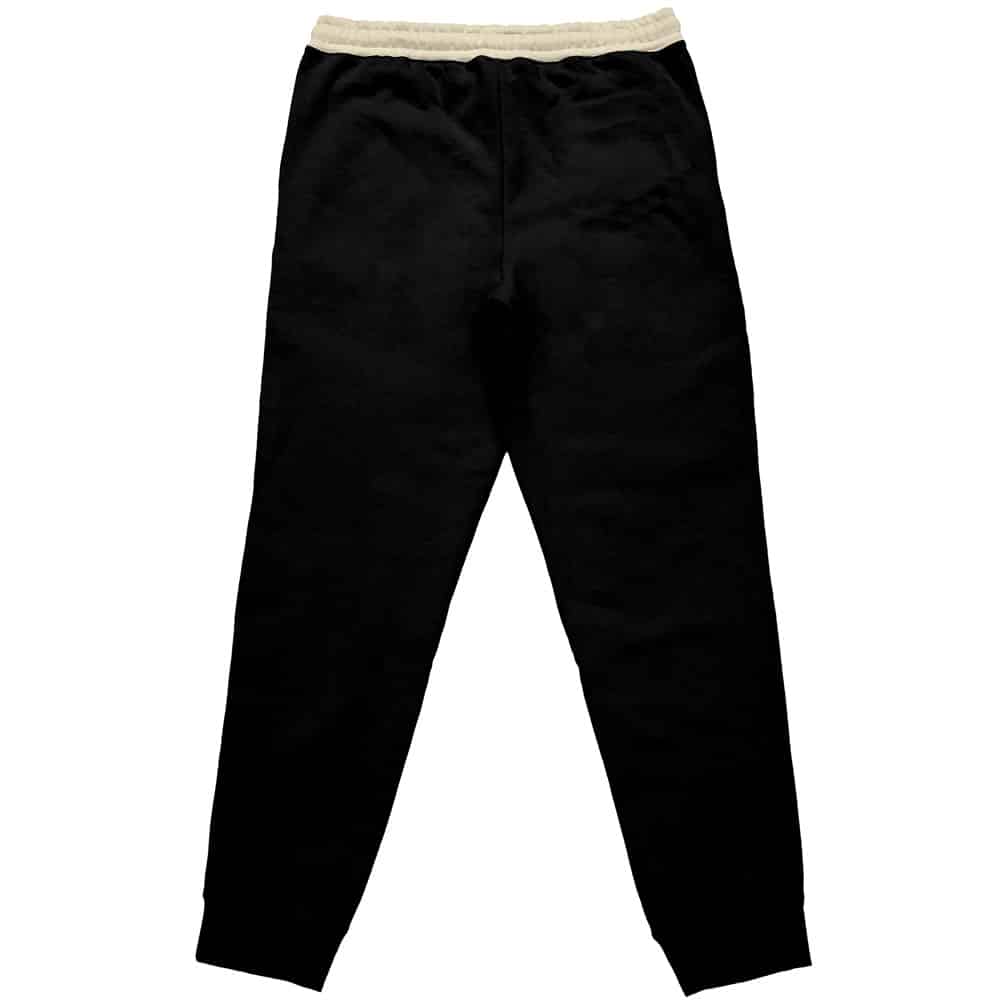 Enjin Gachiakuta Streetwear Sweatpants (Copy) in black, featuring a white elastic waistband, relaxed fit, cuffed ankles, and shown flat from the back.