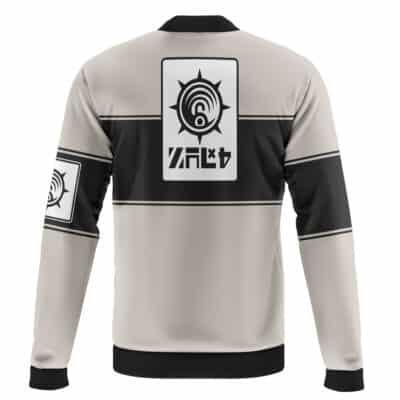 The Xenomorph Body Alien Bomber Jacket (Copy) in beige and black features bold geometric patterns and fictional symbols on the back and left sleeve, including a stylized circular design and mysterious text.