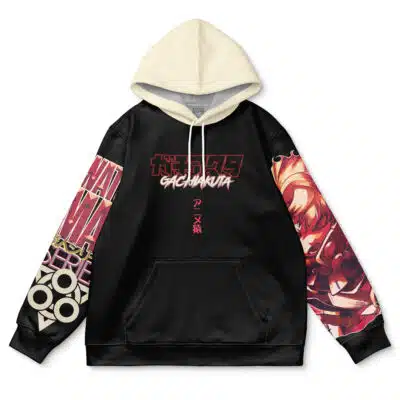The Solution Epsilon Pleiades Overlord Streetwear Hoodie is black and beige with bold anime-style graphics, Japanese text, dynamic sleeve and front illustrations, a cream hood, and white drawstrings.