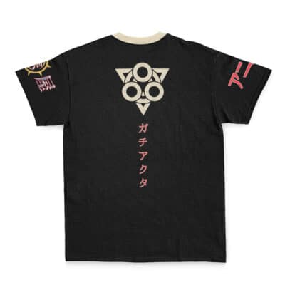 The Solution Epsilon Pleiades Overlord Streetwear T-Shirt (Copy) features a black body with a cream collar, a bold geometric symbol and vertical Japanese text on the back, plus unique red and gold graphics on each sleeve.
