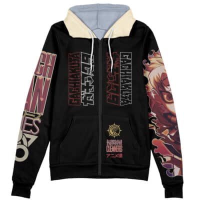 The Solution Epsilon Pleiades Overlord Streetwear Zip Hoodie Jacket (Copy) is a black zip-up hoodie with bold Japanese text, graphic designs, an anime character on the right sleeve, a beige hood exterior, light blue lining, and white drawstrings.