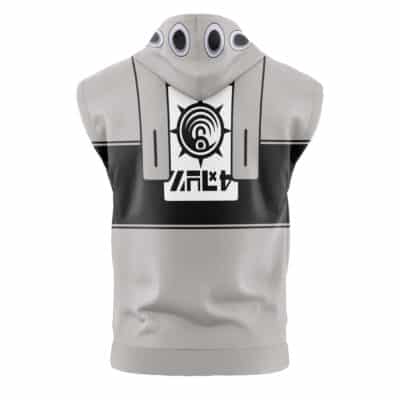 The Heartless Kingdom Hearts Sleeveless Hoodie (Copy) is a light gray, sleeveless hoodie with black geometric patterns, an abstract eye design near the hood, and bold black and white symbols plus mysterious text on the back.