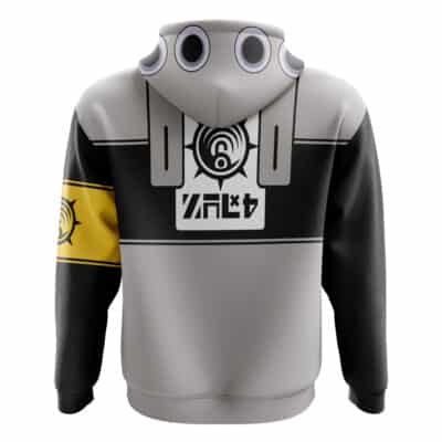 The Edgerunners Cyberpunk 2077 Zip Hoodie Jacket features a futuristic black, gray, and yellow design with circular hood details, abstract symbols on the back and left sleeve, and a bold white panel with black markings on the back.
