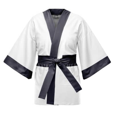 The Survey Corps Attack On Titan Happi Coat Haori Kimono features a white kimono-style design with wide black trim on the collar, sleeves, and waist tie, shown against a plain white background.