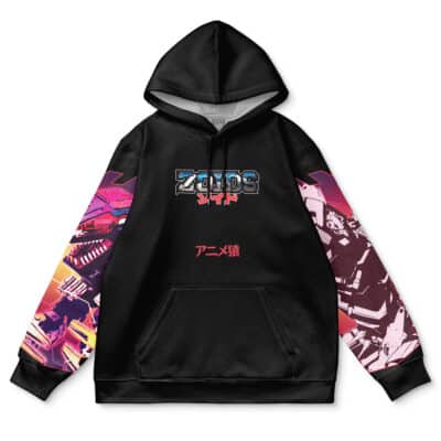 The Geno Breaker Zoids Streetwear Hoodie features vibrant robotic sleeve designs, "ZOIDS" with Japanese text on the chest, and bold red Japanese characters on the front.
