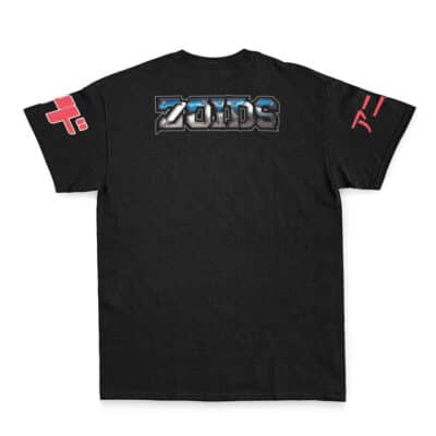 The Geno Breaker Zoids Streetwear T-Shirt features a metallic Zoids logo on the upper back and red graphics on both sleeves. The shirt is shown laid flat with the back side facing up.