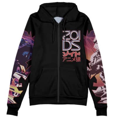 The Geno Breaker Zoids Streetwear Zip Hoodie Jacket is a black zip-up hoodie with vibrant robotic designs on the sleeves and chest, plus "ZOIDS" and Japanese text boldly displayed on the front.
