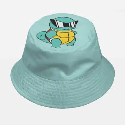 The Squirtle x Blastoise Evolution Pokemon Custom Bucket Hat features a light blue design with Squirtle wearing large black sunglasses on the front, set against a plain white background.