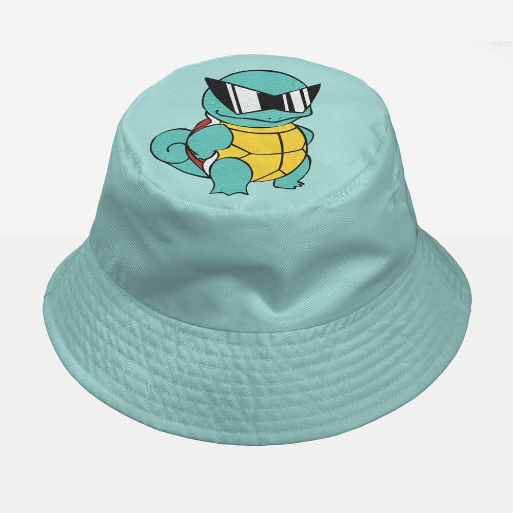 The Squirtle x Blastoise Evolution Pokemon Custom Bucket Hat features a light blue design with Squirtle wearing large black sunglasses on the front, set against a plain white background.